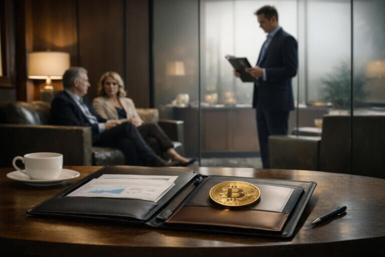 Bitcoin on a financial desk during a client meeting illustrates Morgan Stanley’s imminent MSBT launch and its potential impact on Bitcoin ETF economics