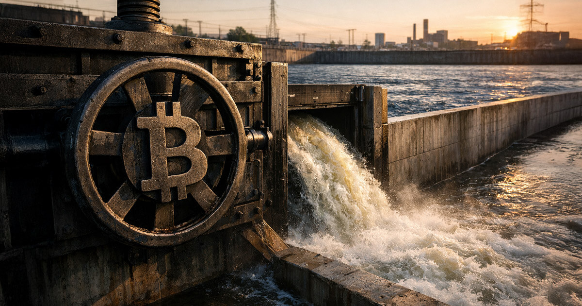 Industrial floodgate with a Bitcoin symbol releasing rushing water, representing Bitcoin as a 24/7 pressure valve for stress in the $3 trillion private credit market