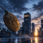 Bitcoin coin hanging over a dark city street at dawn, reflecting deeply negative funding rates ahead of key jobs data release