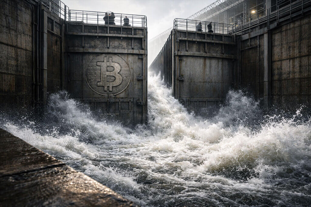 Floodwaters crashing through industrial gates marked with a Bitcoin symbol, illustrating a major liquidity test as $2.2 billion hits the market amid geopolitical pressure