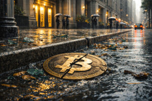 Cracked Bitcoin coin in a rain-soaked curbside gutter outside a financial district building as Wall Street continues on unfazed
