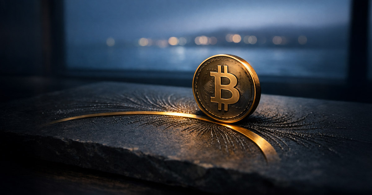 Bitcoin coin resting on a glowing circular groove in stone, symbolizing BTC repeatedly snapping back to the $70k price magnet