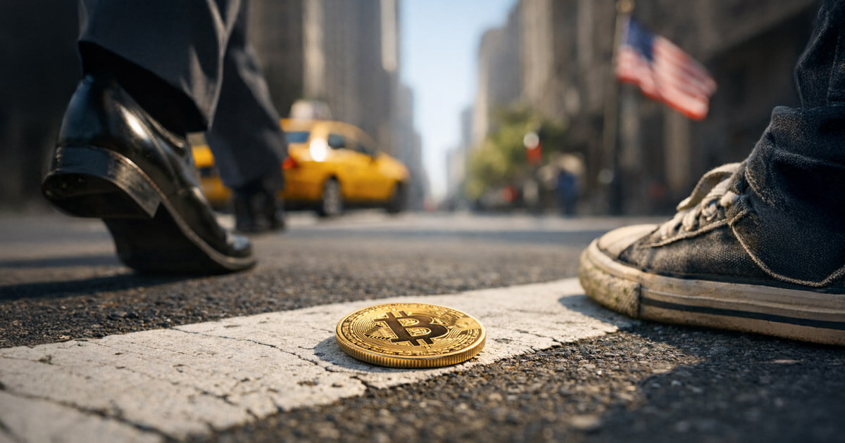 Bitcoin coin on a US city street between a business shoe and a sneaker, symbolizing American retail buyers accumulating BTC as institutional smart money takes profit