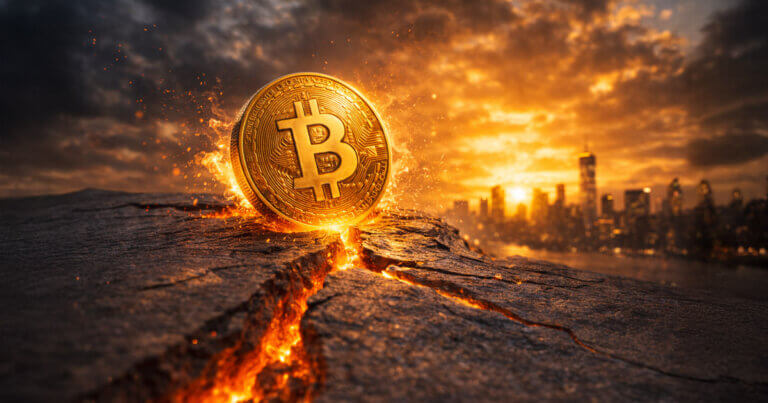 Bitcoin coin glowing above a cracked surface at sunset over a city skyline, symbolizing BTC piercing $74,000 and testing support to hold recent gains