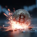 Bitcoin coin igniting upward with sparks against a rising chart, symbolizing the surge to $70,000 after Trump pauses Iran strikes