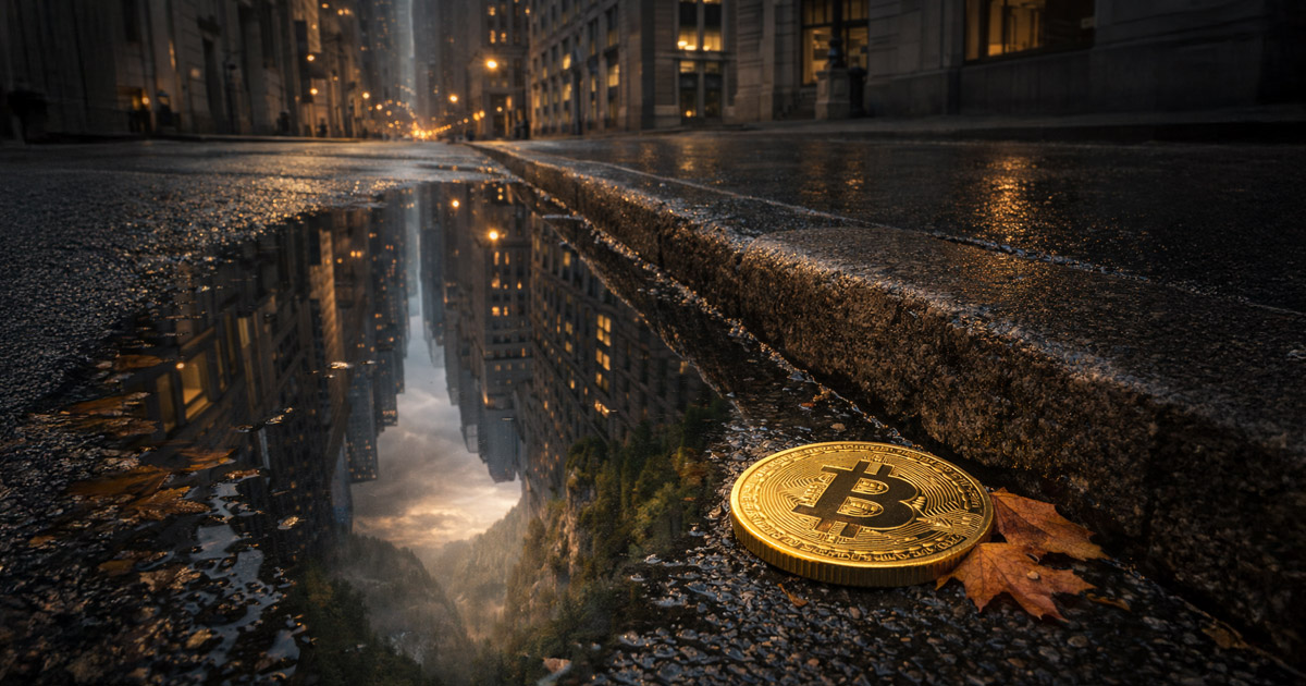 Bitcoin coin resting by a rain-soaked city curb with skyscrapers reflected in a puddle, symbolizing misleading Bitcoin ETF outflows and a potential $19B drop without actual BTC sales