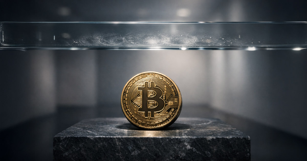 Bitcoin coin displayed beneath a glass ceiling on a stone pedestal, symbolizing BTC rejection at $71,500 and rising risk of a deeper market pullback