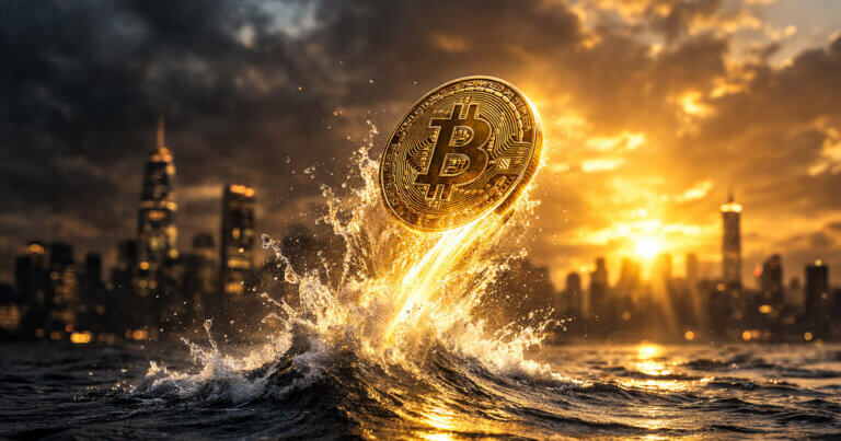 Bitcoin coin surging upward from a wave at sunrise over a city skyline, symbolizing BTC pumping at market open
