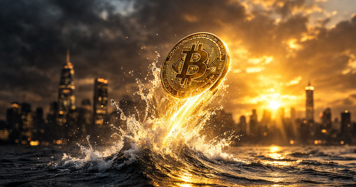 Bitcoin coin surging upward from a wave at sunrise over a city skyline, symbolizing BTC pumping at market open