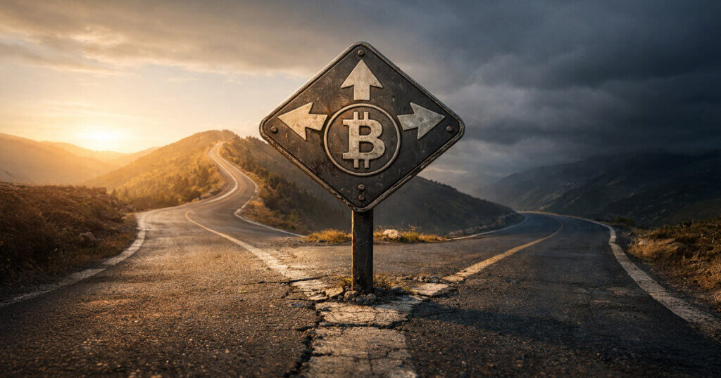 Bitcoin road sign at a fork in a mountain highway at sunset, symbolizing a new indicator that helped avoid a major drop while a key level may determine the next breakout