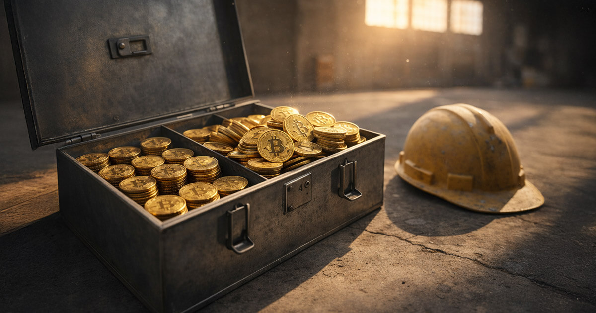 Open metal case filled with Bitcoin coins beside a miner’s hard hat, illustrating miners using BTC as working capital and a looming $4 billion supply overhang by May