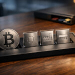 Bitcoin coin beside metal icons of a microchip, factory, and storefront on a desk, illustrating tokenized stocks moving on-chain as an alternative to altcoin diversification