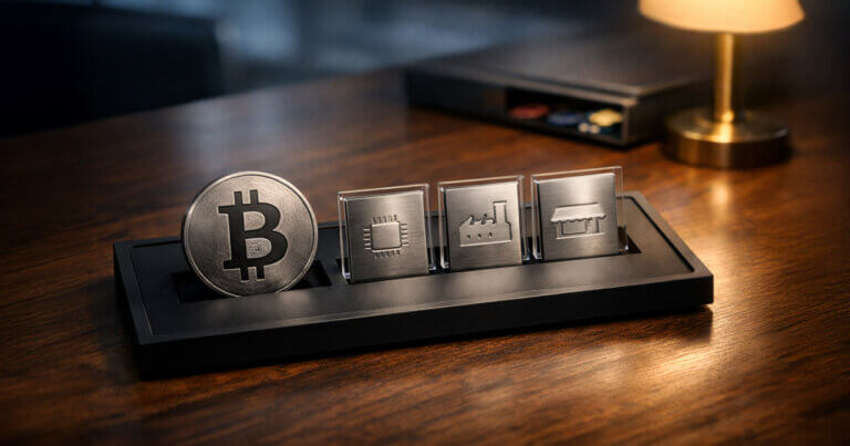 Bitcoin coin beside metal icons of a microchip, factory, and storefront on a desk, illustrating tokenized stocks moving on-chain as an alternative to altcoin diversification
