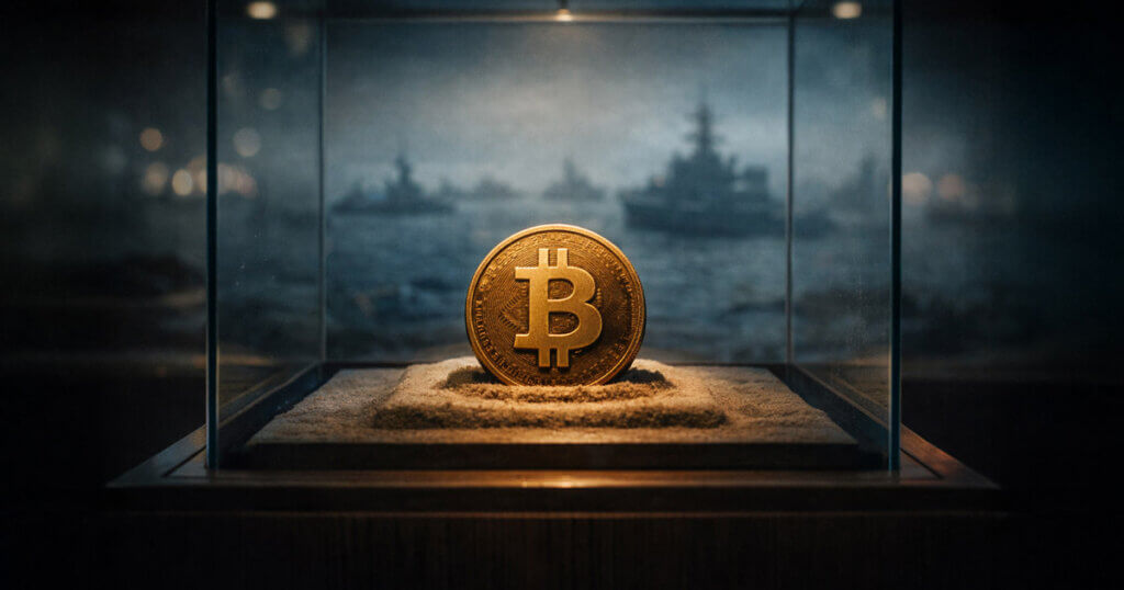 Bitcoin displayed in a glass case with warships blurred in the background, symbolizing the weekly cost of Israel’s Iran war measured in 41,300 BTC