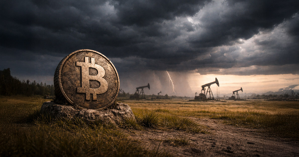 Bitcoin coin set against storm clouds and oil pumpjacks at sunset, highlighting market tension as rising oil prices threaten bullish BTC momentum linked to geopolitical timelines