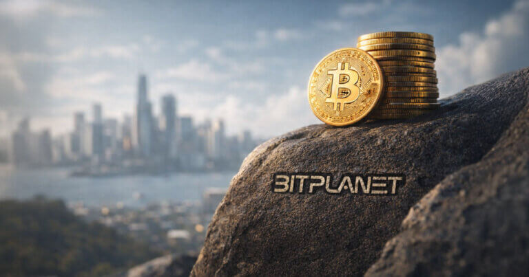 Stack of Bitcoin coins on a rock engraved with Bitplanet overlooking a city skyline, illustrating Sora Ventures-backed Bitplanet holding 300 BTC and ranking among Asia’s top 20 holders