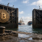 Open port gates marked with a Bitcoin emblem as cargo ships move ahead, reflecting a market rally fueled by hopes of an end to the Iran war and a weaker US dollar
