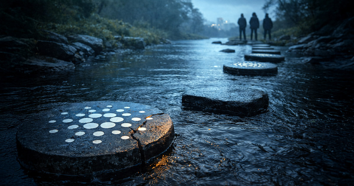 Cracked Cardano symbol on stepping stones across a dark river at dusk, illustrating Project Catalyst’s leadership change and a funding pause creating a gap for builders