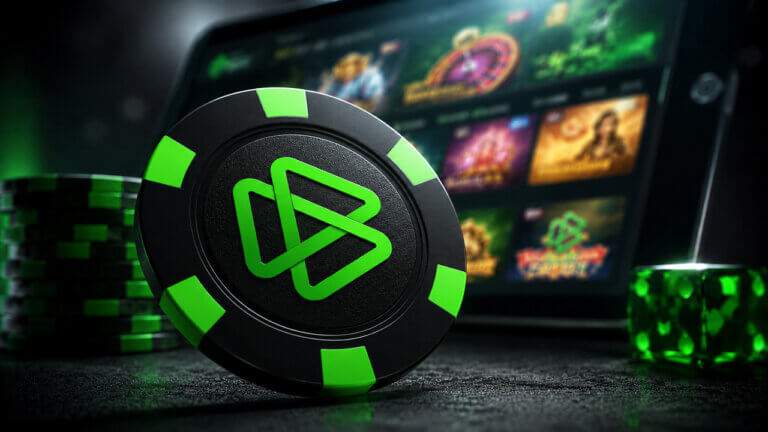 Bets.io casino chip displayed in front of an online crypto gambling platform interface and digital slot games