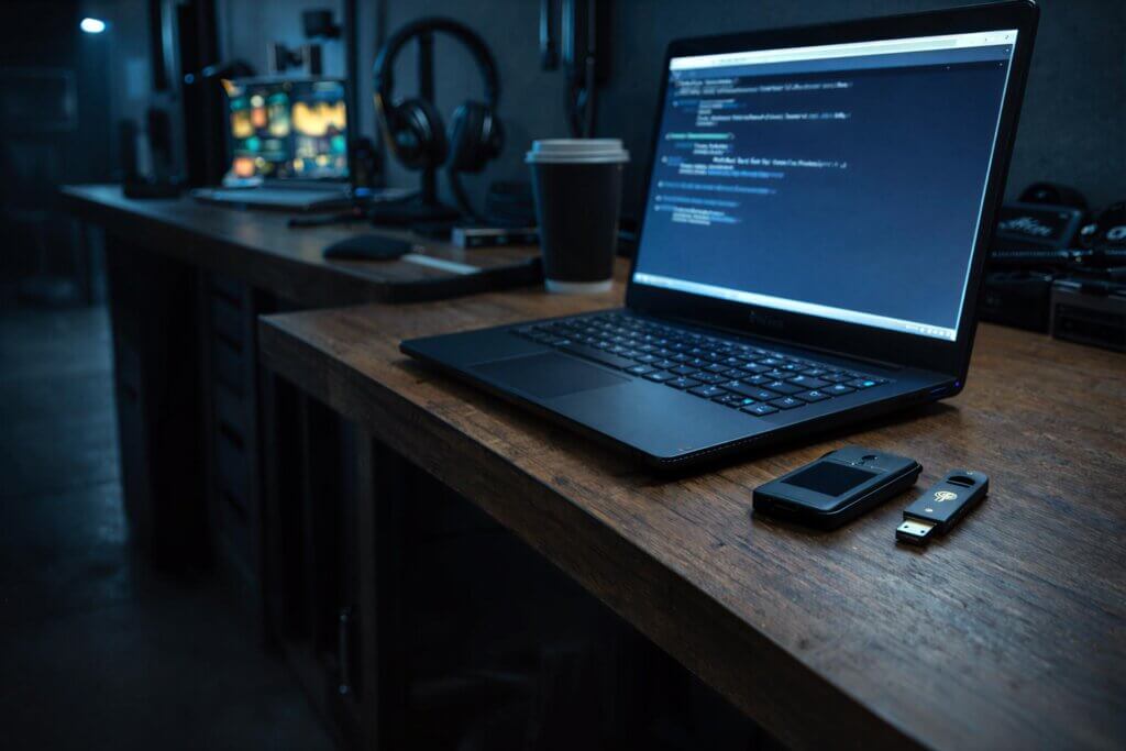 Laptop running code beside hardware wallet and USB key, illustrating how a single pip install could expose crypto wallets, Solana keys, and cloud secrets