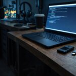 Laptop running code beside hardware wallet and USB key, illustrating how a single pip install could expose crypto wallets, Solana keys, and cloud secrets