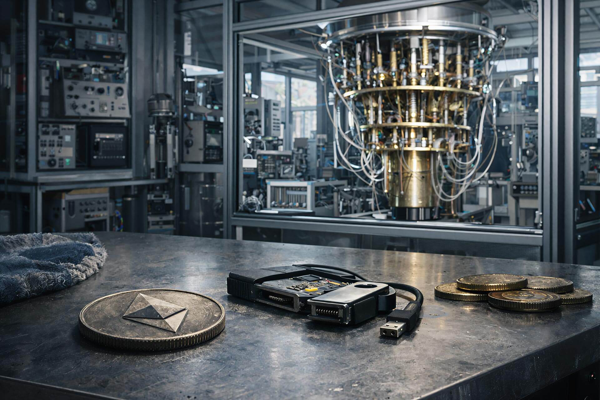 Ethereum hardware wallet and coins in a lab setting, symbolizing the migration battle over wallets, bridges and dormant assets amid quantum risks