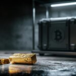 Stacked gold bars in the foreground with a Bitcoin-secured case in the background, illustrating investors shifting from gold to Bitcoin