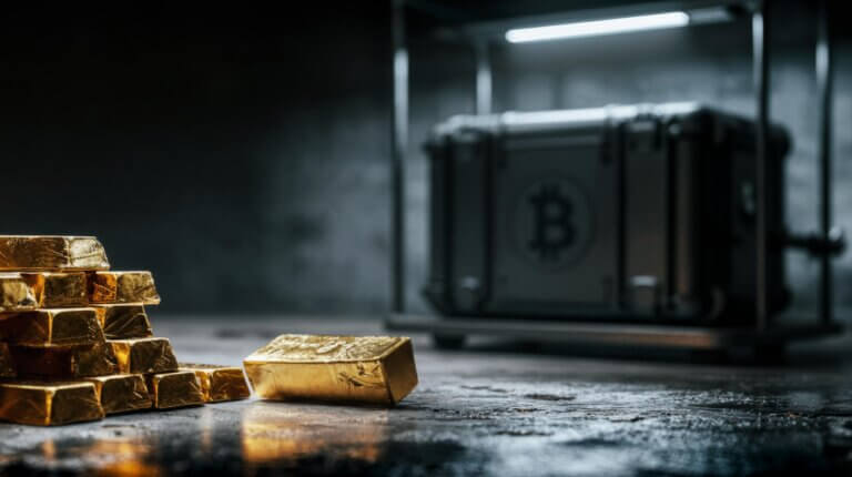 Stacked gold bars in the foreground with a Bitcoin-secured case in the background, illustrating investors shifting from gold to Bitcoin