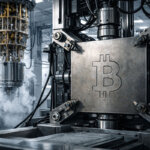 Advanced quantum computing system processing a Bitcoin block, illustrating why new research targets Bitcoin security over traditional banking or nuclear encryption