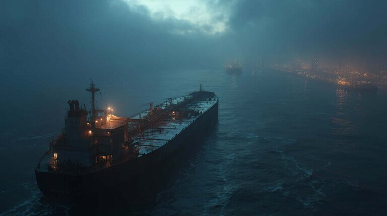Oil tanker in a tense, foggy Middle East seascape as geopolitical threats rise, reflecting Bitcoin’s drop to $68,000 amid US-Iran escalation