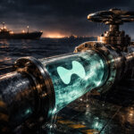Glowing Hyperliquid pipeline valve releasing liquidity into the market at sea, symbolizing traders shifting to on-chain derivatives as geopolitical tensions drive HYPE into the top 10