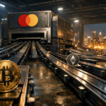 Mastercard-branded payment machine processing Bitcoin and Ethereum tokens on industrial rails, symbolizing debate over crypto-washing versus real-world crypto adoption through new partnerships