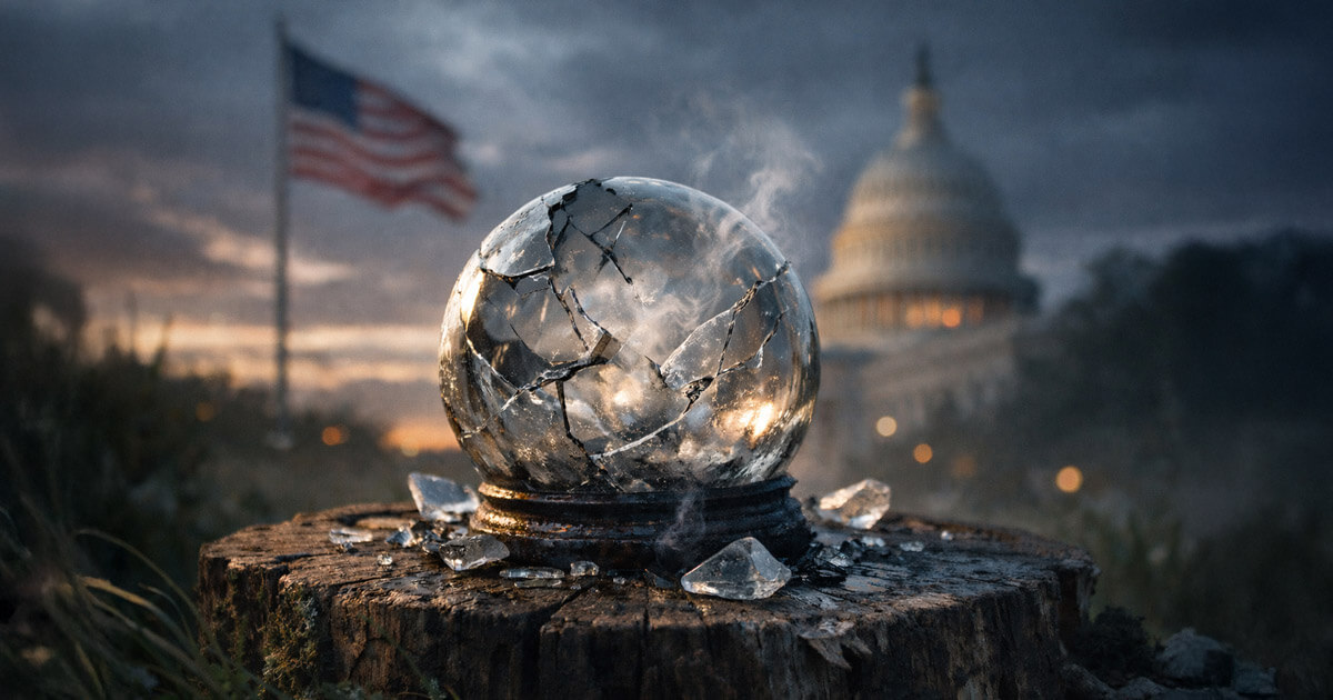 Cracked crystal ball in front of the U.S. Capitol and American flag, symbolizing a lawmaker’s push to ban prediction markets