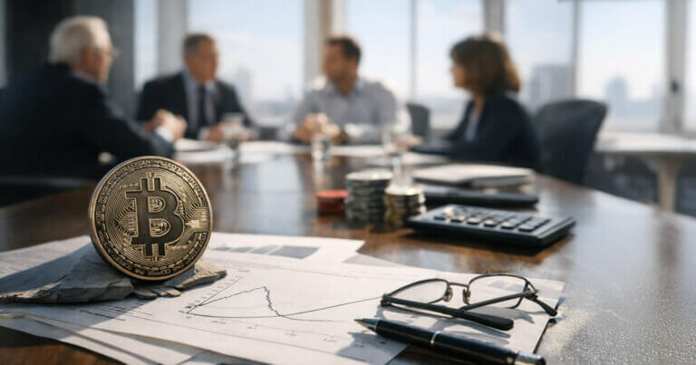 Bitcoin coin on financial documents in a boardroom setting, reflecting the SEC options roundtable and potential changes to leverage costs within IBIT options markets