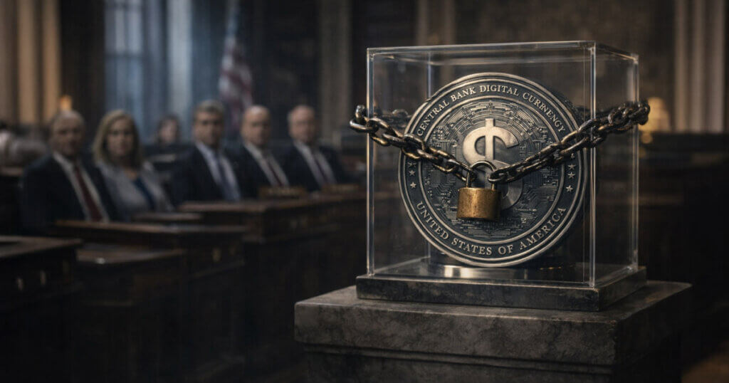 Central bank digital currency coin locked in a glass case with chains inside a Senate hearing room, symbolizing lawmakers voting to block a US CBDC through 2030