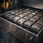 Vault drawer filled with uniform metal asset blocks bearing the Solana emblem, symbolizing tokenized stocks being listed on-chain for Wall Street