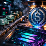 USDC coin being stamped in an industrial press above a glowing Solana circuit board while Tether USDT coins move along a conveyor, illustrating Circle’s USDC processing more crypto transaction flow despite Tether holding larger cash reserves