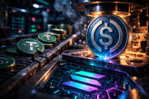 USDC coin being stamped in an industrial press above a glowing Solana circuit board while Tether USDT coins move along a conveyor, illustrating Circle’s USDC processing more crypto transaction flow despite Tether holding larger cash reserves