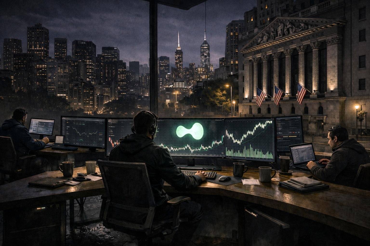 Night trading desk overlooking Wall Street with Hyperliquid interface active as US markets sit closed, highlighting after-hours price discovery in crypto