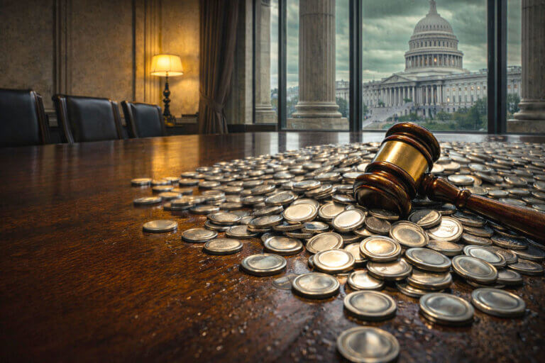 Gavel on a conference table covered with coins overlooking the US Capitol, illustrating the broader congressional battle behind stablecoin legislation