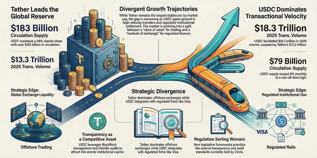 Infographic comparing Tether and USDC stablecoin growth, showing Tether’s $183 billion supply versus USDC’s rising transaction volume and regulatory advantages.