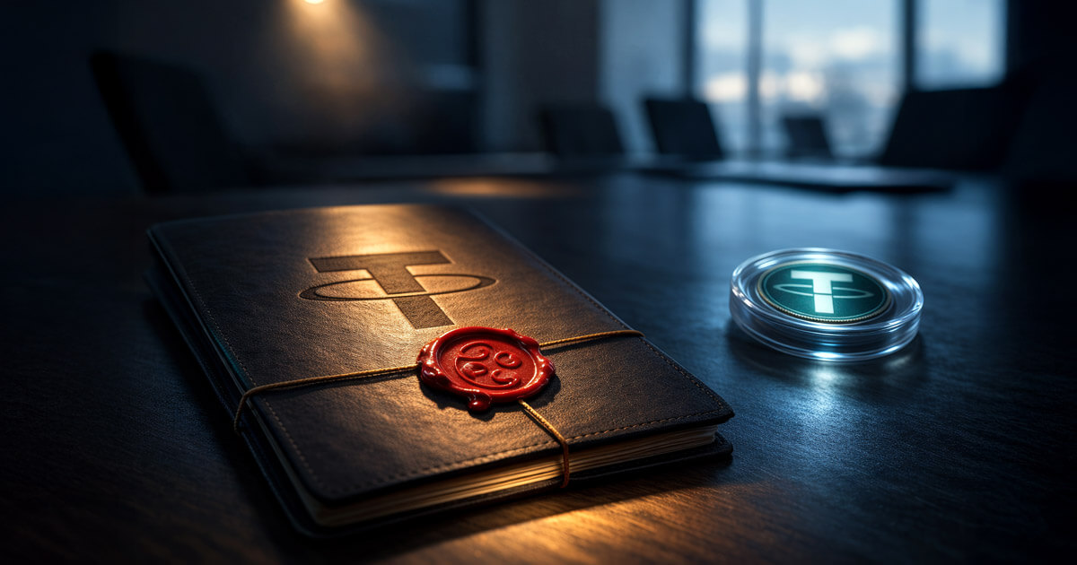 Tether-branded ledger with a wax seal beside a USDT coin in a corporate boardroom, symbolizing a Big Four audit announcement not covering the USDT stablecoin