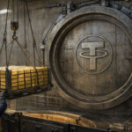 Gold bars being loaded into a vault marked with the Tether symbol, reflecting staffing changes before an audit tied to its reserve management