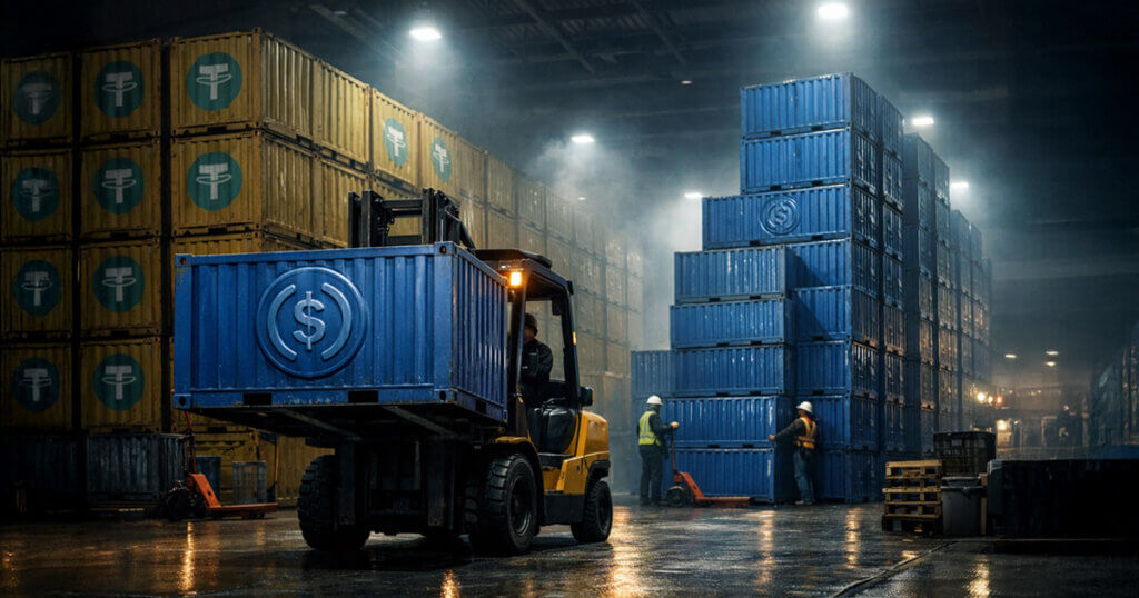 Shipping containers marked with USDC symbols being moved by forklift in a warehouse beside stacks of Tether containers, illustrating the shifting balance of power between Circle’s USDC growth and Tether’s stablecoin dominance