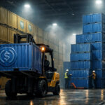 Shipping containers marked with USDC symbols being moved by forklift in a warehouse beside stacks of Tether containers, illustrating the shifting balance of power between Circle’s USDC growth and Tether’s stablecoin dominance