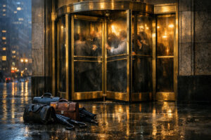 Investors crowded inside a revolving door at a Wall Street building while briefcases sit abandoned outside in the rain, symbolizing restricted withdrawals from private credit funds as money moves toward Bitcoin