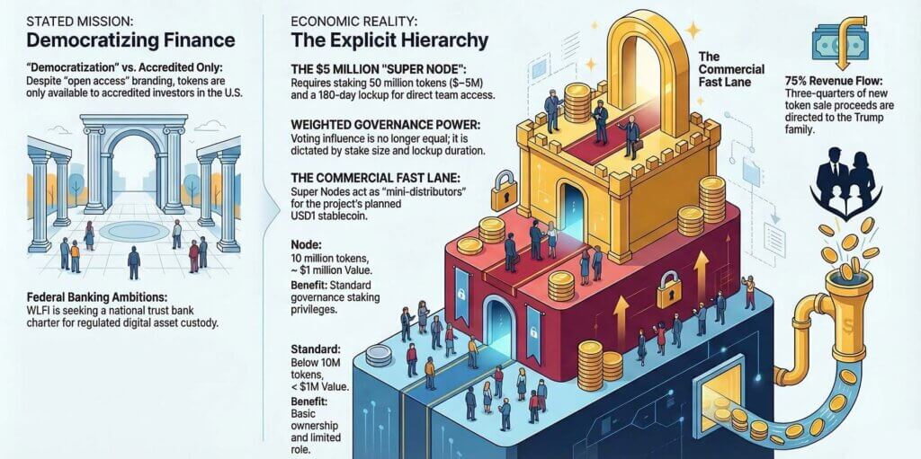 Infographic showing Trump-backed WLFI’s “democratized finance” pitch beside a tiered pay-to-play hierarchy with a $5 million access tier, token thresholds, and revenue flow to Trump-linked entities.