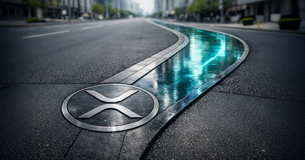 XRP Ledger emblem embedded in a city roadway with a glowing parallel lane branching alongside it, symbolizing plans to introduce a Hyperliquid-like sidechain for expanded functionality