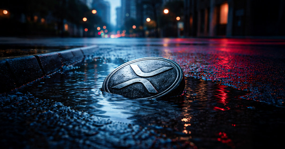 XRP coin partially submerged in a rain-soaked city street at night, symbolizing over $50 billion in unrealized losses for XRP holders