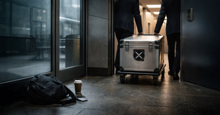 Two executives moving a secured XRP-branded case down a hallway, symbolizing a 78% collapse in XRP leverage while $1.4 billion in ETF inflows remains tied to Ripple’s expanding footprint